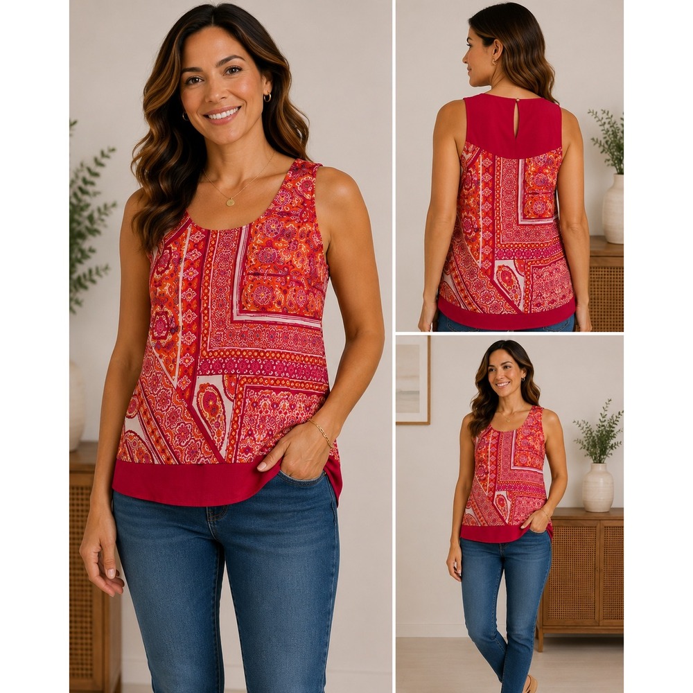 Rose + Olive Tank Top Womens Small Pink Orange Paisley Medallion Boho Sleeveless